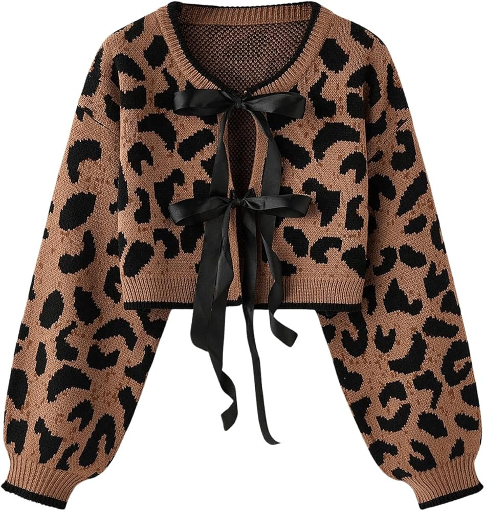 Women's Y2k Cheetah Cardigan Sweater Bow Tie Front Cardigan Leopard Print Crop Sweater Long Sleev... | Amazon (US)