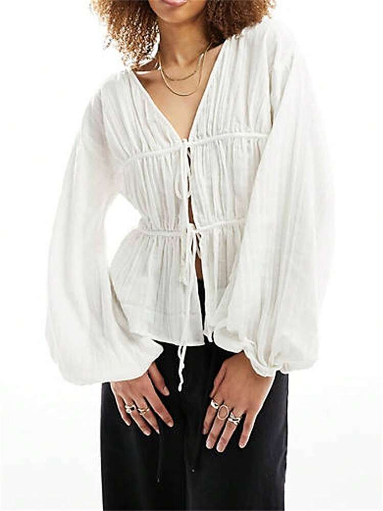 Women Long Sleeve Tops Casual Solid Color V-Neck Tie Front Basic Shirt Blouses For Club Streetwea... | SHEIN