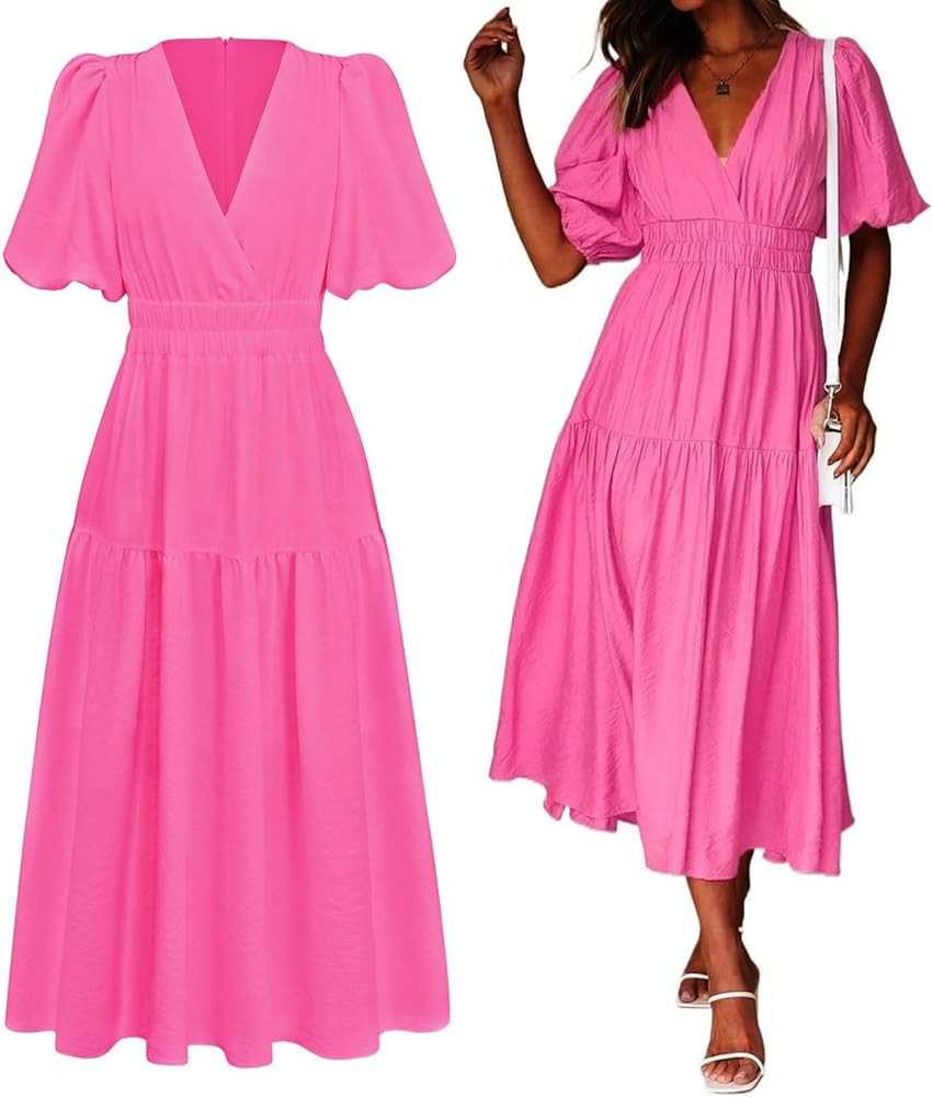 Women's Summer Sundress Loose Swing Dress V Neck Puff Sleeve High Waist Flowy A Line Beach Dress | Amazon (US)