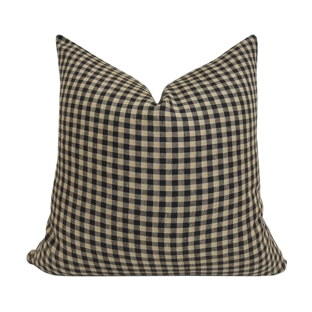 ROSCOE || Designer Black Check Linen Pillow Cover, Black and Beige Gingham Pillow, Moody Pillow, ... | Etsy (US)