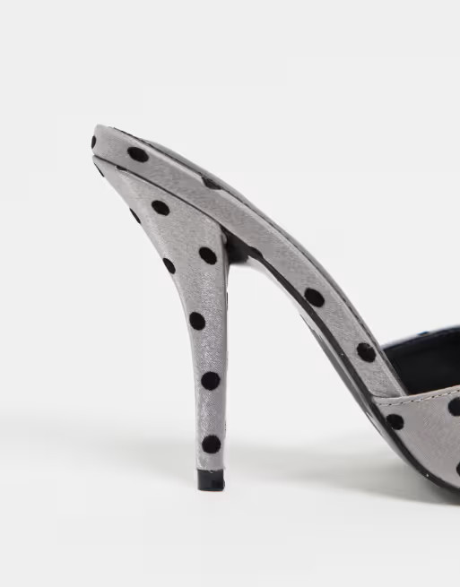 ASOS DESIGN Nester bow mules sandals on pointed insole in silver polka dot | ASOS (Global)