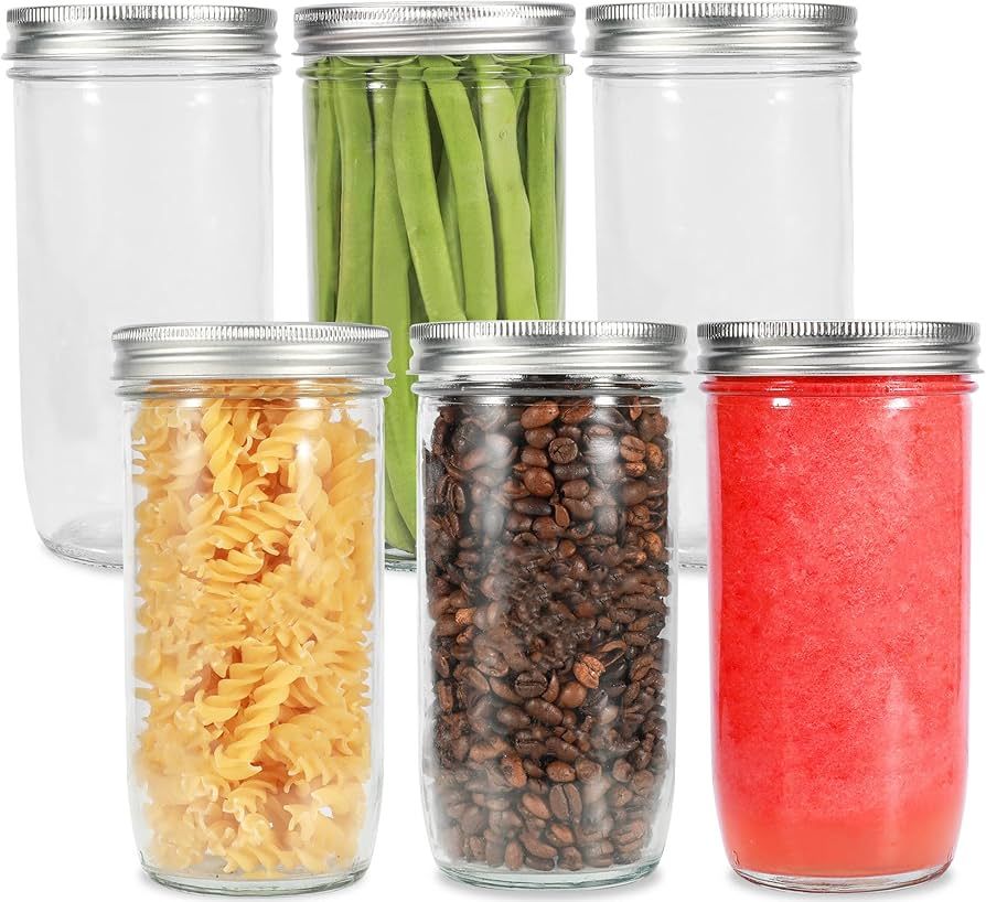 Ieavier Mason Jars Wide Mouth 24oz, 6 pack Glass Pickle Canning Jars Food Storage With Airtight M... | Amazon (US)