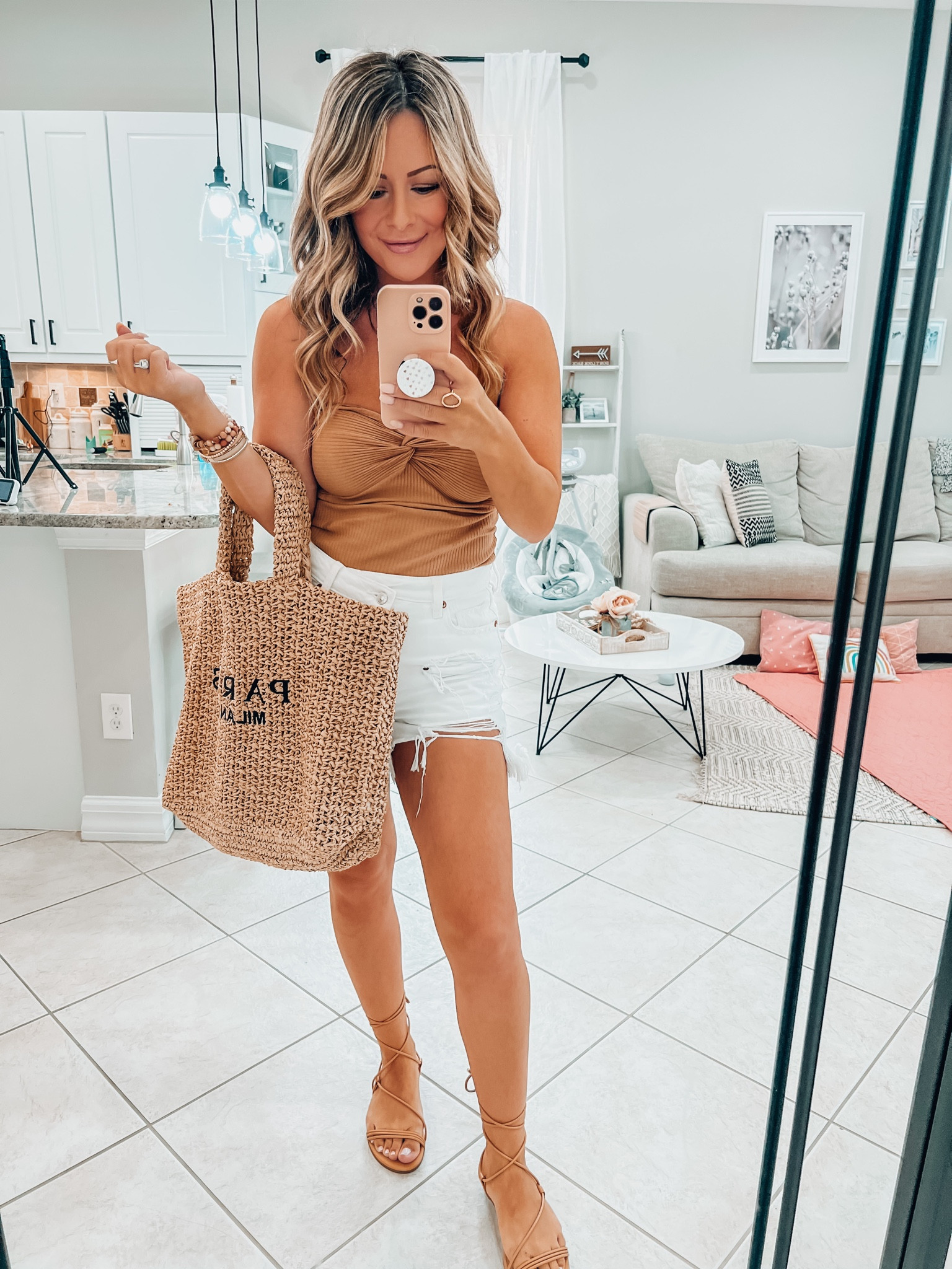 Sunday Sunday outfit of the day!! These white shorts are the best summer shorts, super fun and distressed in the front but long in the back!!! (No butt cheeks out lol) you can save 30% off the bag with code IldaH30 (think summer dresses, beach, pool, take it anywhere!!) 

#LTKSeasonal #LTKtravel #LTKshoecrush