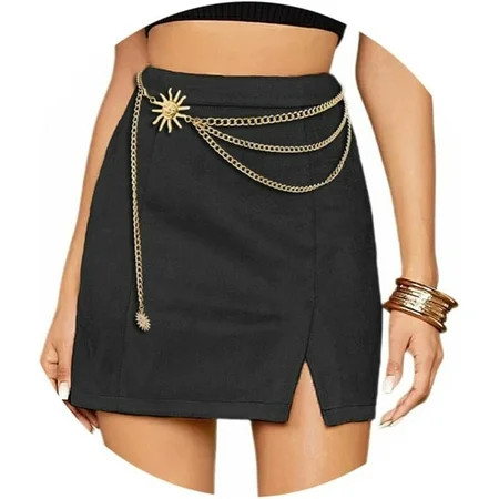 HLSOHJP Waist Chain Belt Multilayer Gold Silver Sun Moon Chain Belt for Women Dress Body Belly Chain Metal Waist Chain (God Sun-45 inch) | Walmart (US)