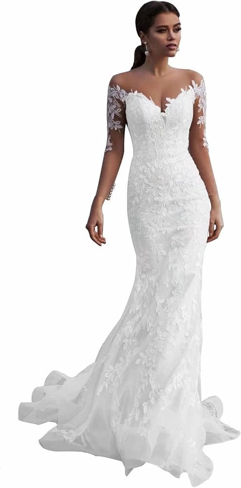 Dexinyuan Lace Mermaid Wedding Dresses for Bride 2024 with Sleeves Beach Boho Bridal Gowns for Wo... | Amazon (US)