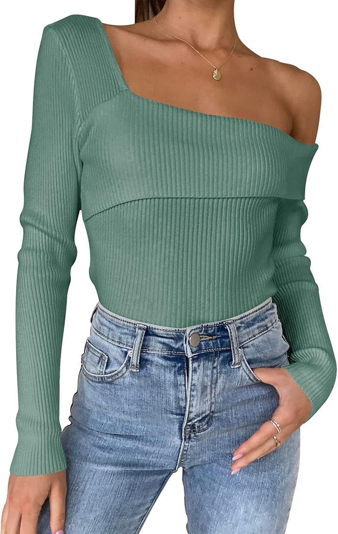 ANRABESS Women's Long Sleeve Off Shoulder Crop Top Ribbed Knit Slim Fit Casual Solid Pullover Sweate | Amazon (US)