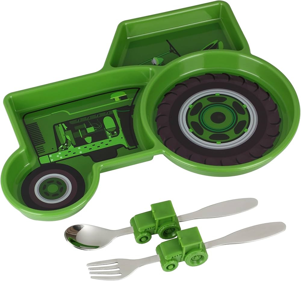 Funwares Green Tractor Engaging Kids' Dinnerware Set: Durable, Divided Plate, Fun Fork and Spoon,... | Amazon (US)