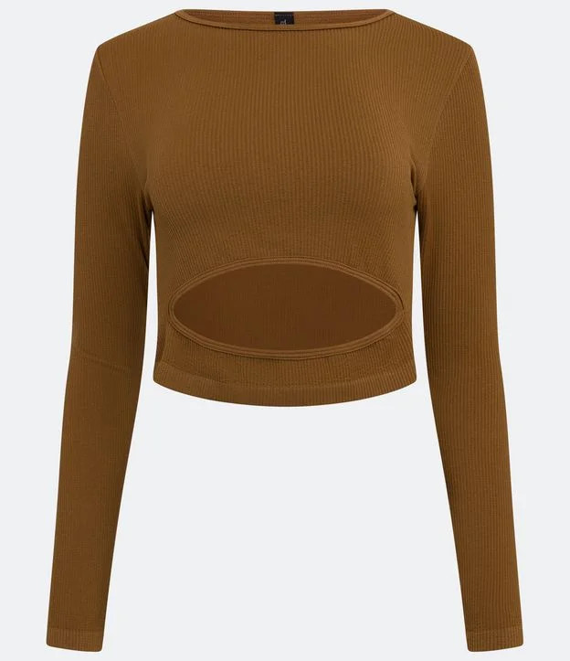 Blusa Cropped em Poliamida Canelada e Sem Costura com Vazado Marrom | Renner (BR)