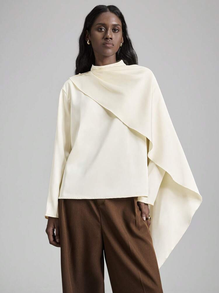 Ontre Women's Beige & Light Peach Satin Crepe Fabric Asymmetric Ruched Shoulder Design Stand Collar Loose Comfortable Long Sleeve Versatile Casual Business Blouse, Elegant Urban Commuter High-Quality Airport, Christmas New Year Party Blouse New Year Look Modern Urban Casual Fashion Business Casual Women's Office Wear Low-Key Old Money Style Effortless Temperament High-End Urban Commuting High-Quality Airport Women's Wear High-End Material High-End, Elegant, Old-Fashioned Cruise Attire For Wedding | SHEIN