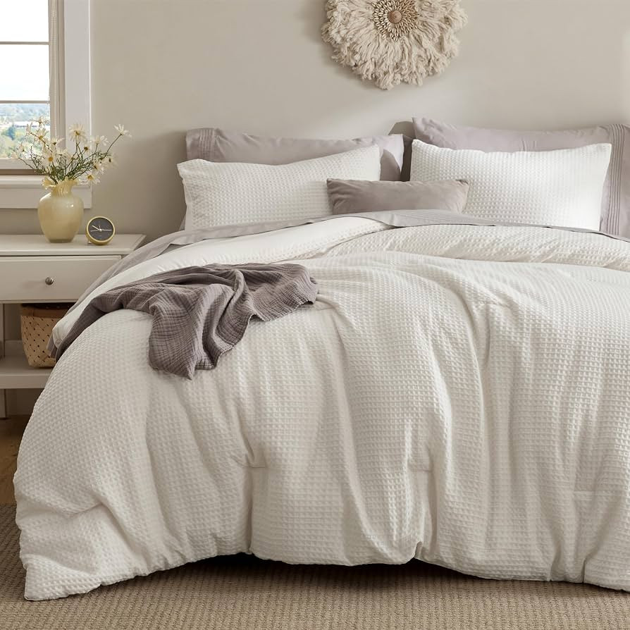 Bedsure Waffle Comforter Set King, Soft and Breathable Cream Bedding Comforter Set, 3 Pieces, 1 W... | Amazon (US)