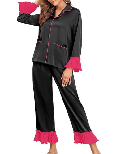 Brosloth Womens Silk Satin Button Up Pajamas for Women Soft Comfy Long Sleeve 2 Piece Loungewear Set Sleepwear Black S | Amazon (US)