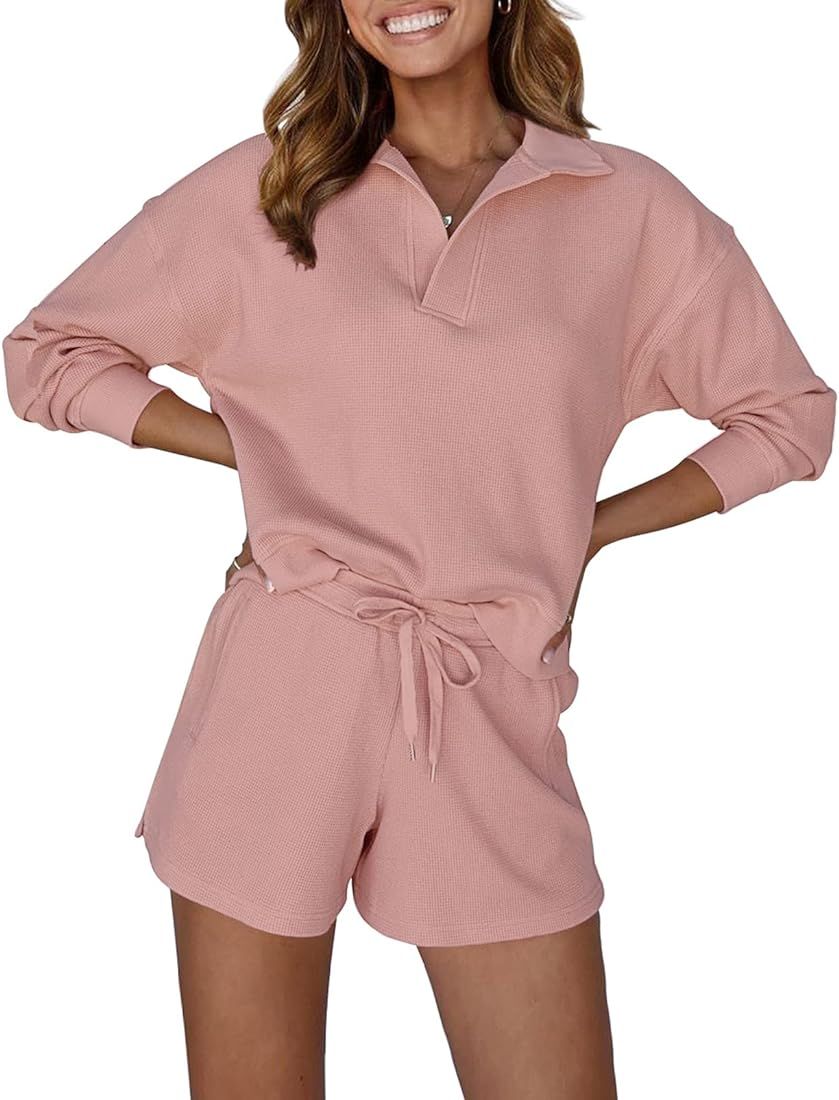 Women's 2 Piece Waffle Knit Lounge Sets Long Sleeve Shorts Outfits Pjs with Pockets | Amazon (US)