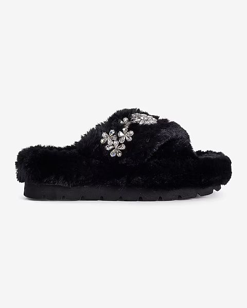 Faux Fur Rhinestone Crossover Slippers | Express