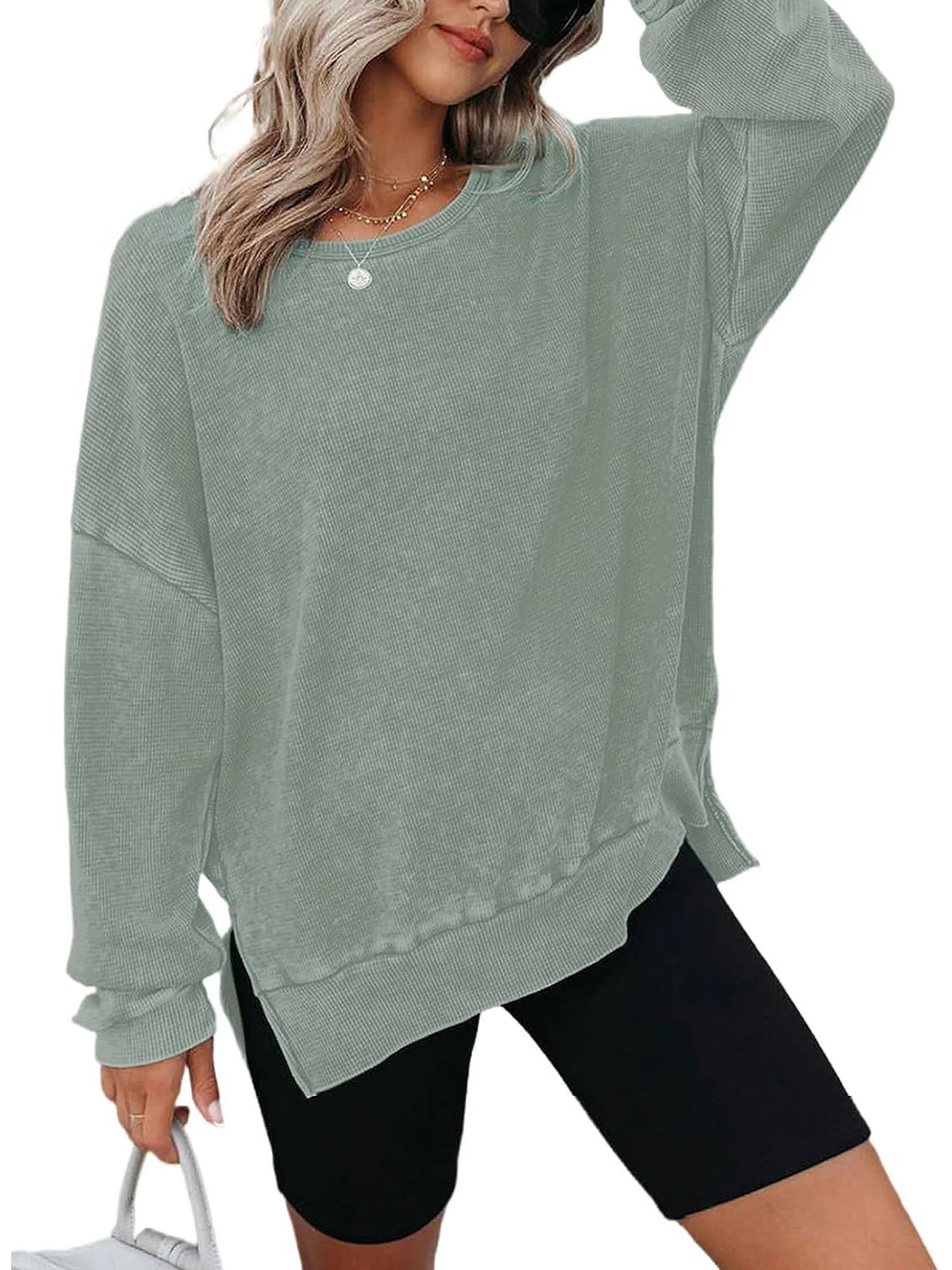 TEMOFON womens shirts long sleeve tops Oversized Waffle Knit Crew neck Sweatshirts fashion Side S... | Walmart (US)