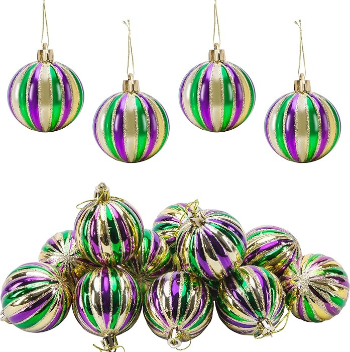 Watayo 12 PCS Mardi Gras Ball Ornaments - 2 Inch Shatterproof Hanging Ornaments for Mardi Gras Ho... | Amazon (US)