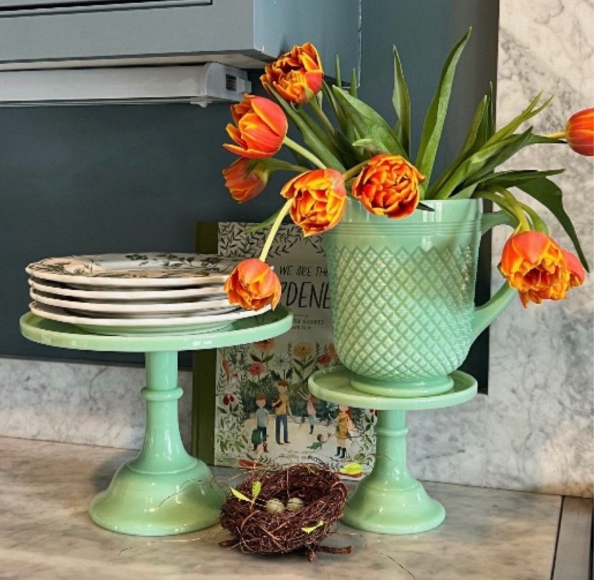 Jadeite always feels like the perfect touch this time of year—the soft green is so fresh and cheerful for winter and spring. I styled a few pieces here, and in the background is one of my favorite gardening books that I always reach for when I need a little inspiration!

#LTKSeasonal #LTKhome #LTKfindsunder100