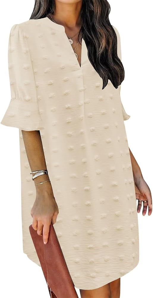 QACOHU Summer Dresses for Women V Neck Ruffle Short Sleeve Casual Shift Dress | Amazon (US)