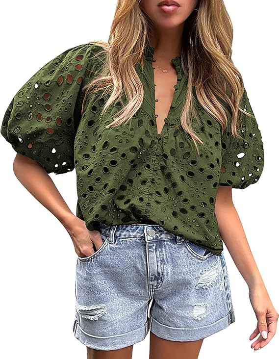 PRETTYGARDEN Women's Summer Tops Dressy Casual Short Lantern Sleeve V Neck Buttons Hollow Out Lac... | Amazon (US)