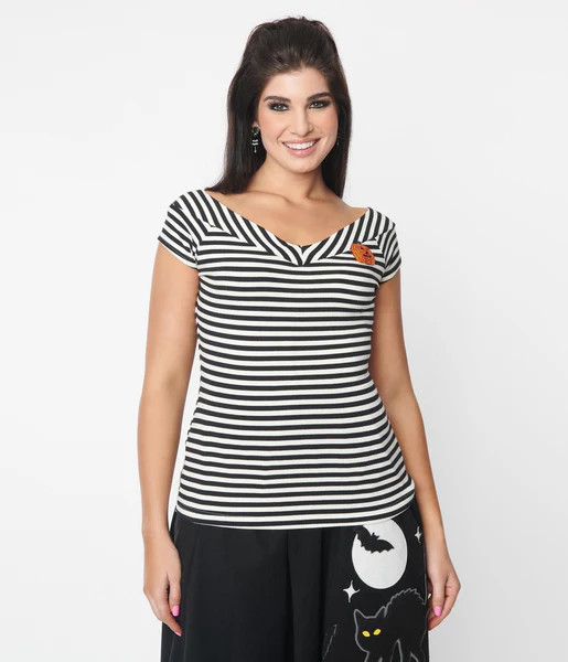 Unique Vintage Black & White Stripe Pumpkin Brooch Deena Top | UniqueVintage