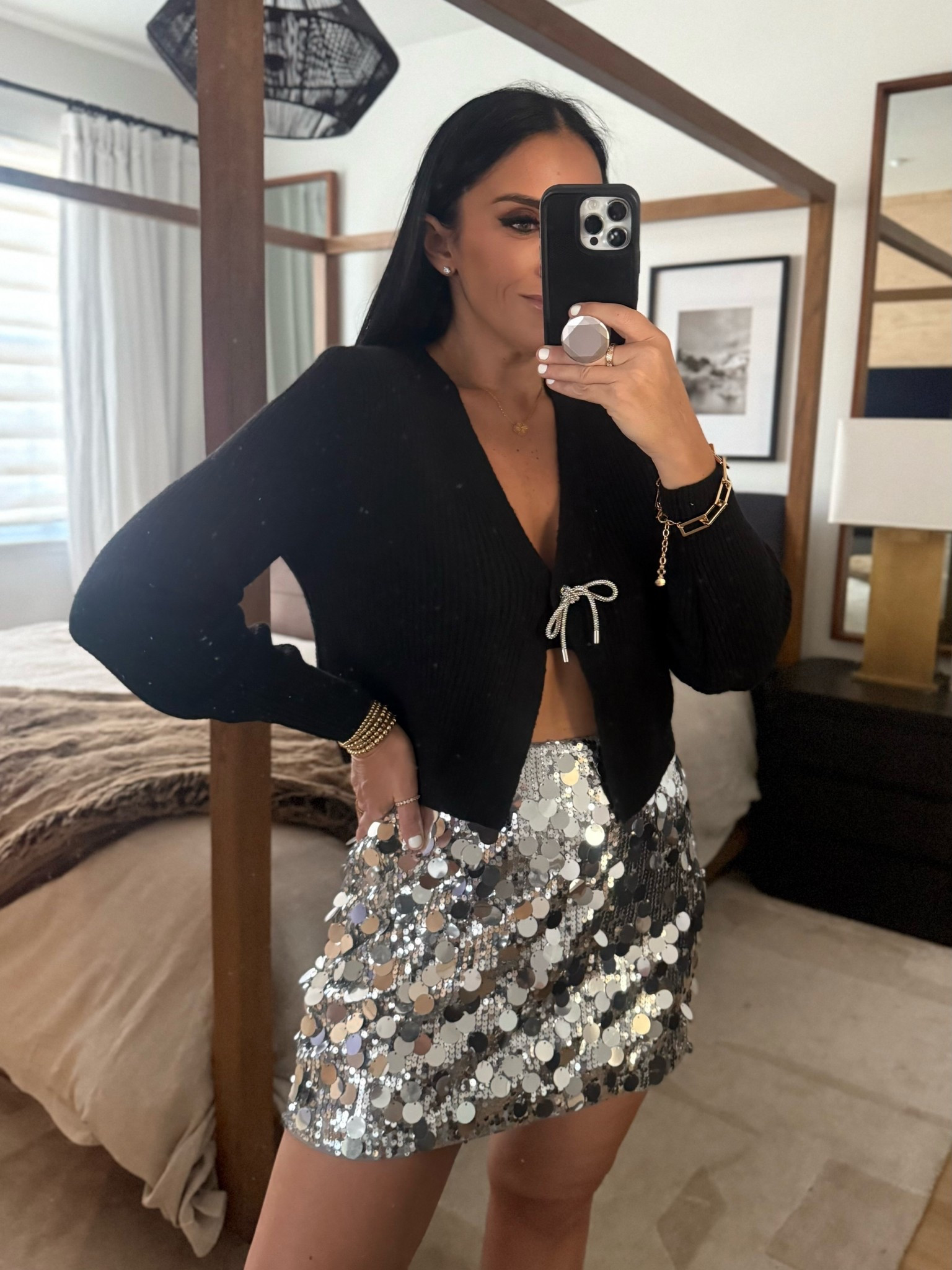 The A&F Scarlett Sequin Mini Skort wearing size medium. No Boundaries bow caridgan wearing size medium only $14