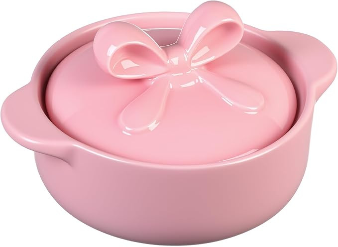 LemonRoad Pink Ceramic Casserole Dish with Lid 2.64 Qt Dutch Oven Pot with Bow Lid Dual Handles S... | Amazon (US)