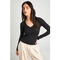 boohoo Women's Deep V Neck Long Sleeve Fitted Top in Black | Size: 2 | Cotton/Polyurethane | boohoo (US & Canada)