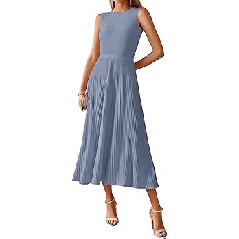 BTFBM Women Tank Midi Dress Summer Crewneck Sleeveless Pleated A Line Business Casual Formal Swea... | Amazon (US)