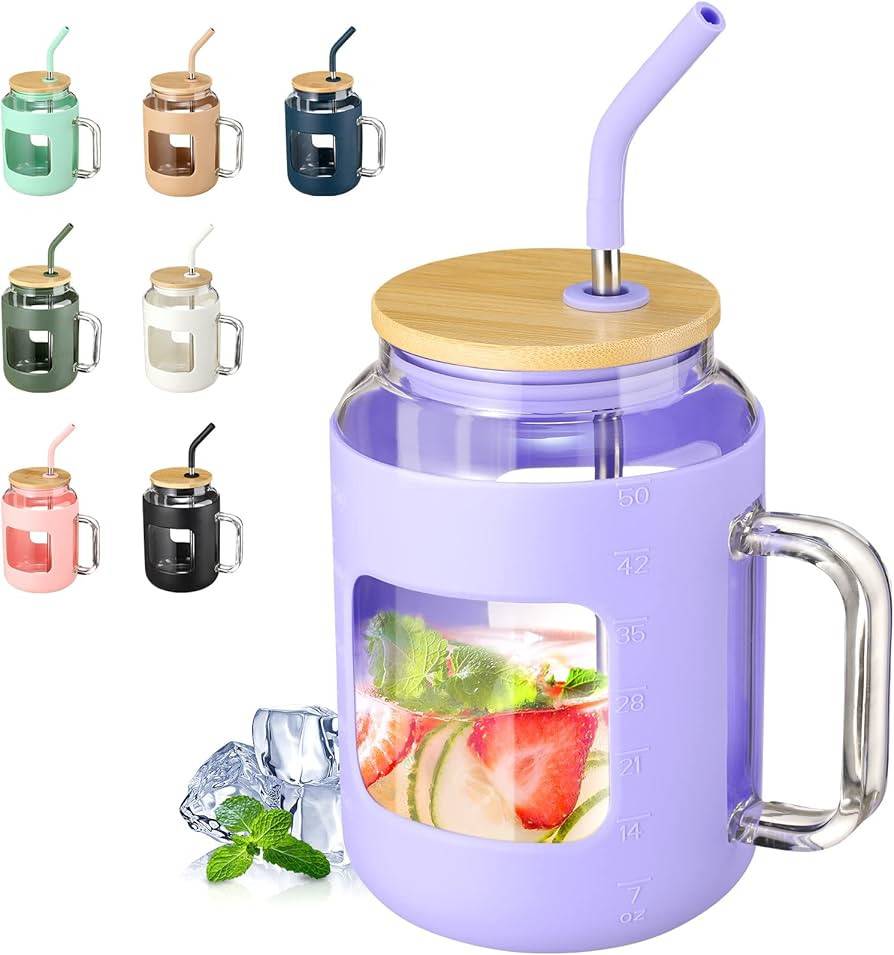 VOKOVO 50 oz Glass Tumbler with Bamboo Lid and Straw, Glass Water Bottles with Handle and Silicon... | Amazon (US)