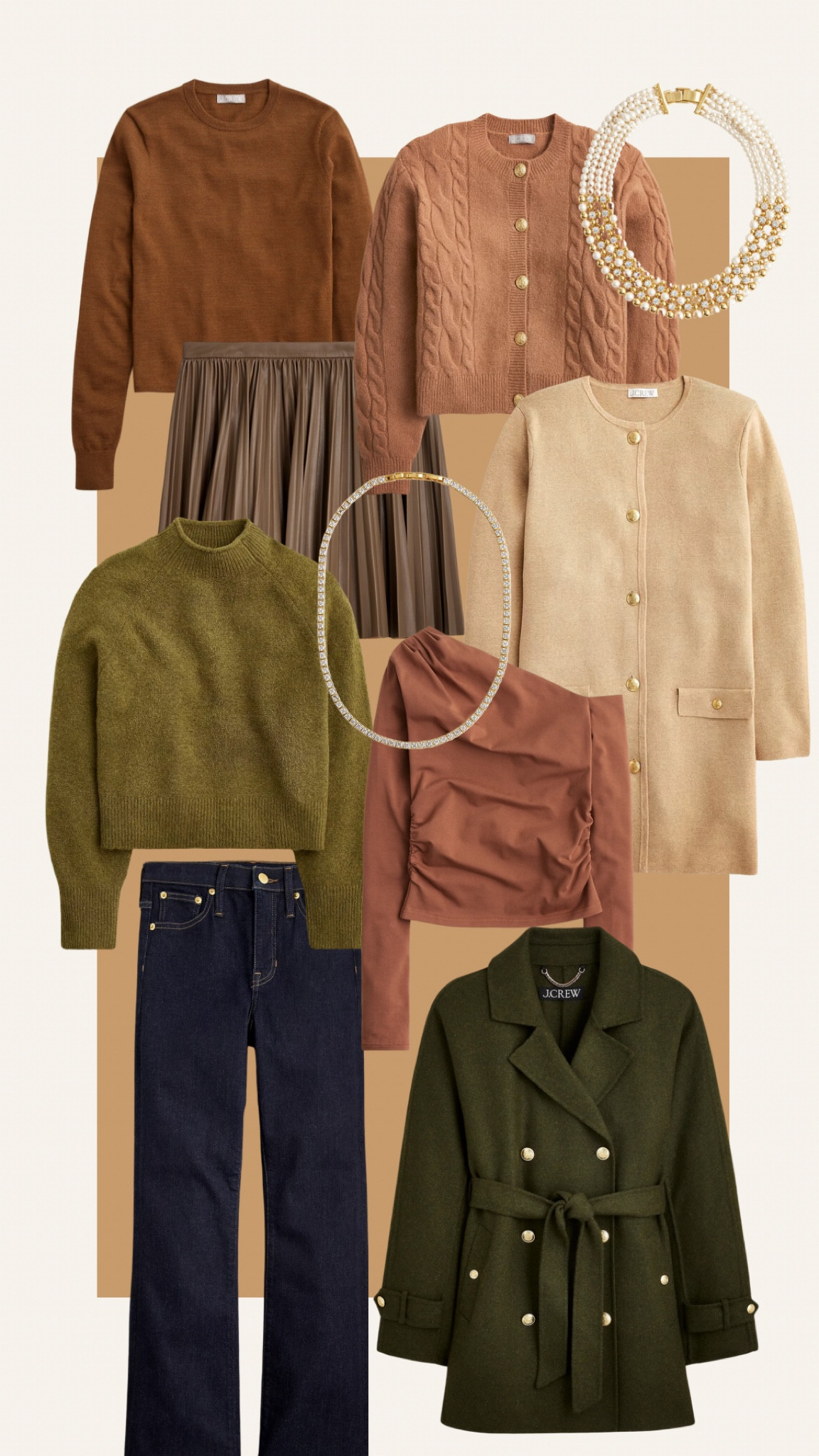 JCrew for autumns, fall, house of colour autumn, true autumn, soft autumn, dark autumn, warm autumn, olive green, moss green, cream, tan, chesnut, dark brown, tan, gold buttons, denim, classic, pearl necklace, statement necklace, tennis necklace, diamond, dark denim, short coat, work tailored coat, sweater turtleneck, thanksgiving, pleated skirt, long cardigan, one shoulder, going out

#LTKSaleAlert #LTKWorkwear #LTKFindsUnder100