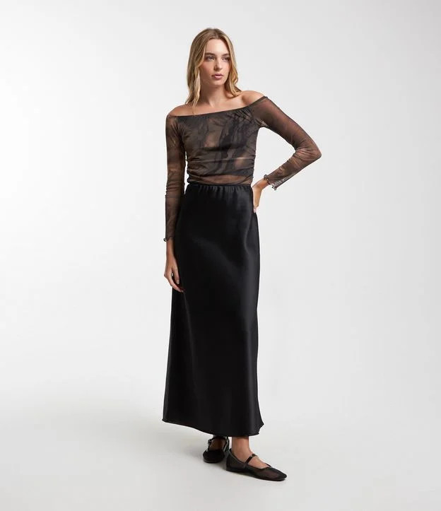 Saia New Midi Acetinada com Cós Elástico Preto | Renner (BR)