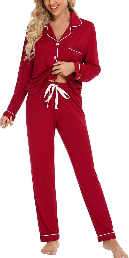 Leikar Button Up Pajama Set For Women Long Sleeve Shirt and Pajama Pants Soft Pjs Lounge Sets S-XXL | Amazon (US)