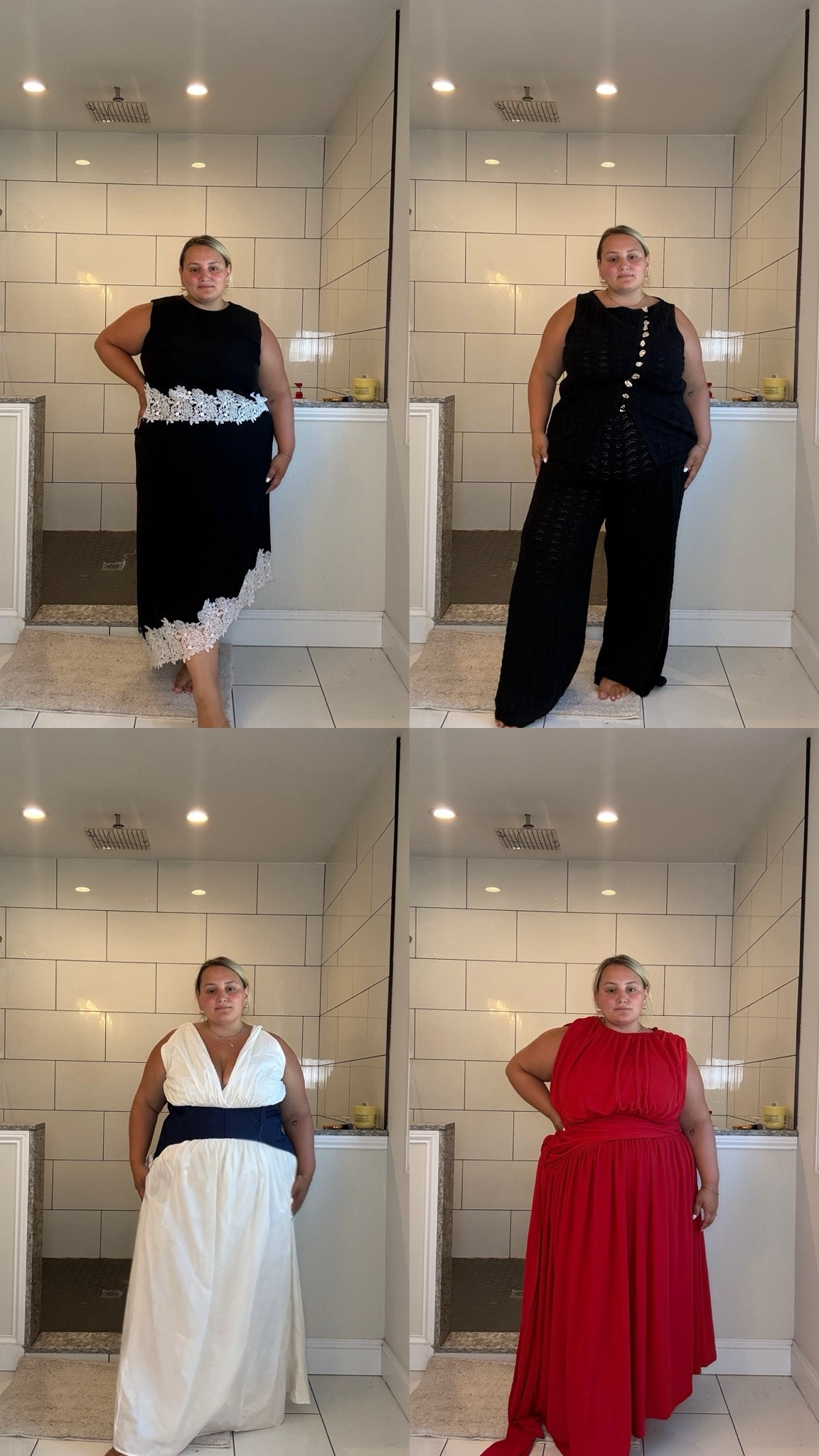Red dress: size 18
2 piece black pant set top: size 20 pants 22
White dress: size 20
Trimmed two piece skirt set: skirt: size 22 top size 20

#LTKootd #LTKPlusSize #LTKSaleAlert
