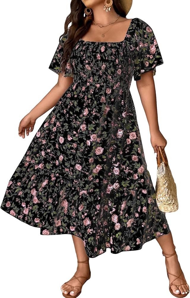 Floerns Women's Plus Size Floral Print Tie Front Square Neck Slit Hem Midi Dress | Amazon (US)