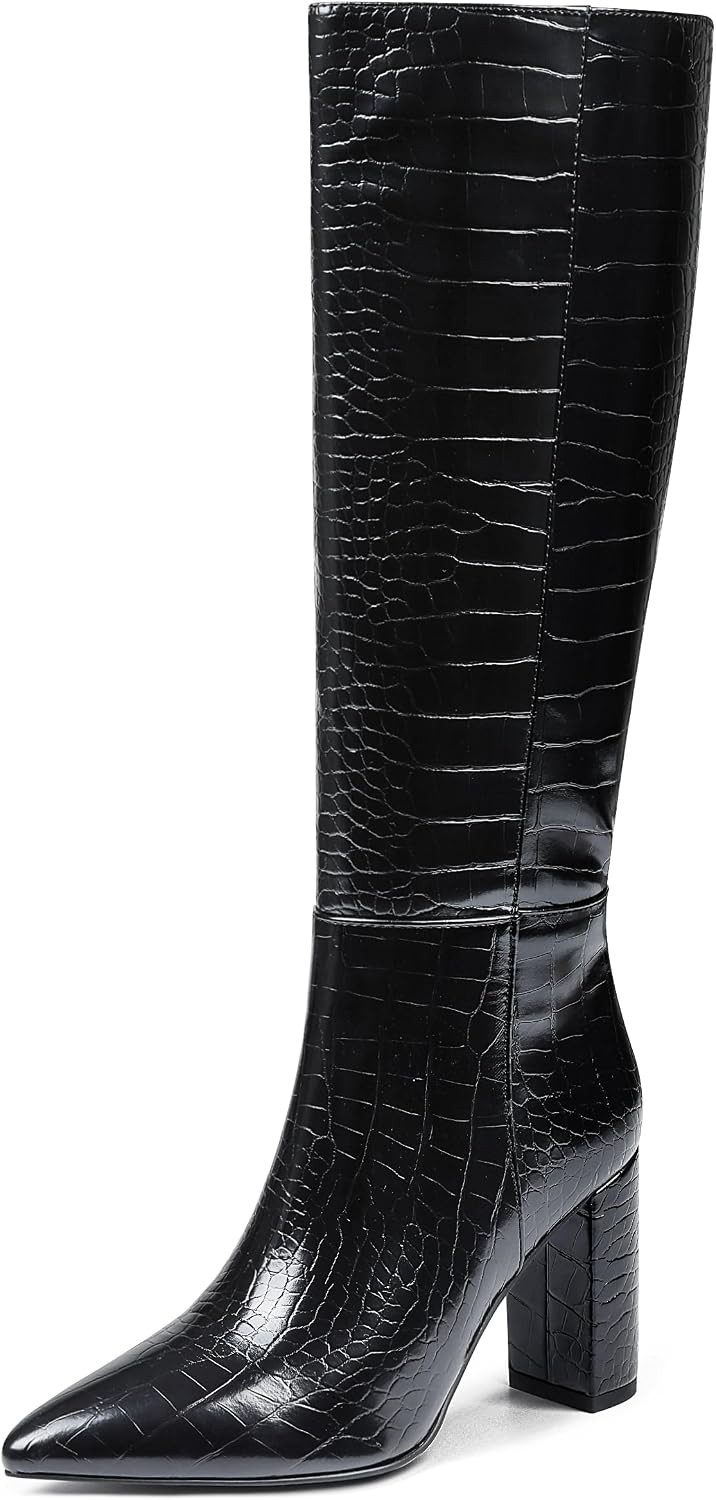 Knee High Black Boots Women Pointed Toe Chunky Heel Boots | Amazon (US)