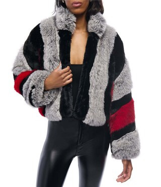 Astra Striped Faux Fur Collared Filled Jacket | Dillard's
