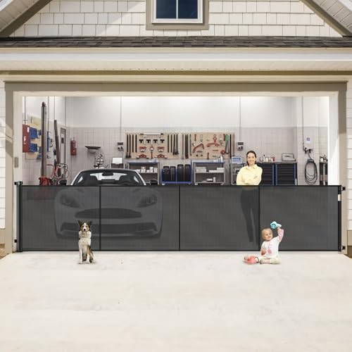 Reinforced 200 Inch Extra Wide Retractable Baby Gates to Prevent Crawling Through, Indoor/Outdoor Baby Gates for Decks, 16 ft Mesh Retractable Fence/Barrier/Blocker/Screen Gate for Garage, Black | Amazon (US)