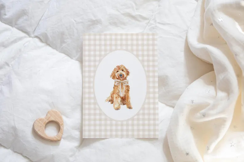 Golden Doodle Nursery Decor, Watercolor Dog Print, Neutral Nursery, Boy Gingham Wall Print, Tan B... | Etsy (US)