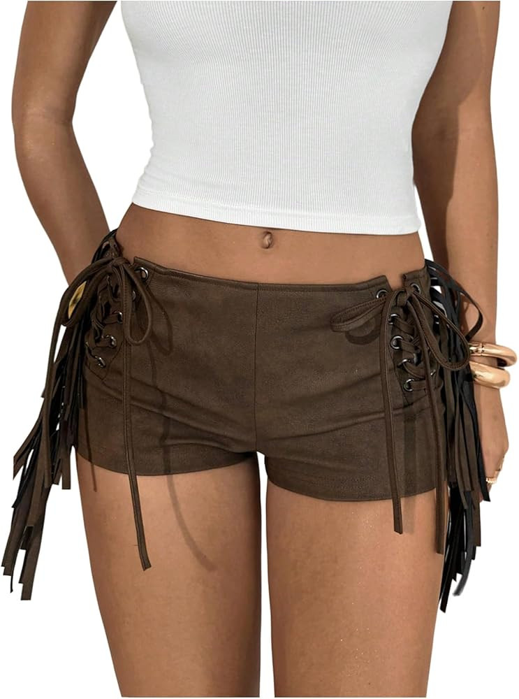 Verdusa Women's Faux Leather Fringe Micro Shorts Western Cowgirl Outfits | Amazon (US)
