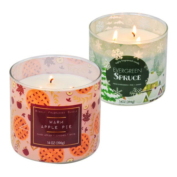 Holiday Time 3-Wick Candle, 14 oz., 2-Pack, Evergreen Spruce and Warm Apple Pie | Walmart (US)