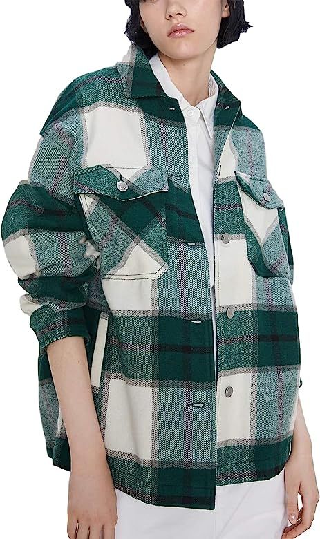 Springrain Women's Casual Wool Blend Plaid Button Down Long Sleeve Shacket Jacket Coat | Amazon (US)