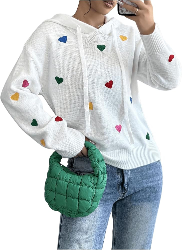 MakeMeChic Women's Heart Pattern Hooded Sweaters Drawstring Long Sleeve Knit Tops | Amazon (US)