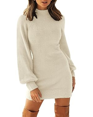 ZESICA Women's 2023 Casual Turtleneck Long Puff Sleeve Soft Fuzzy Knit Bodycon Pullover Mini Swea... | Amazon (US)