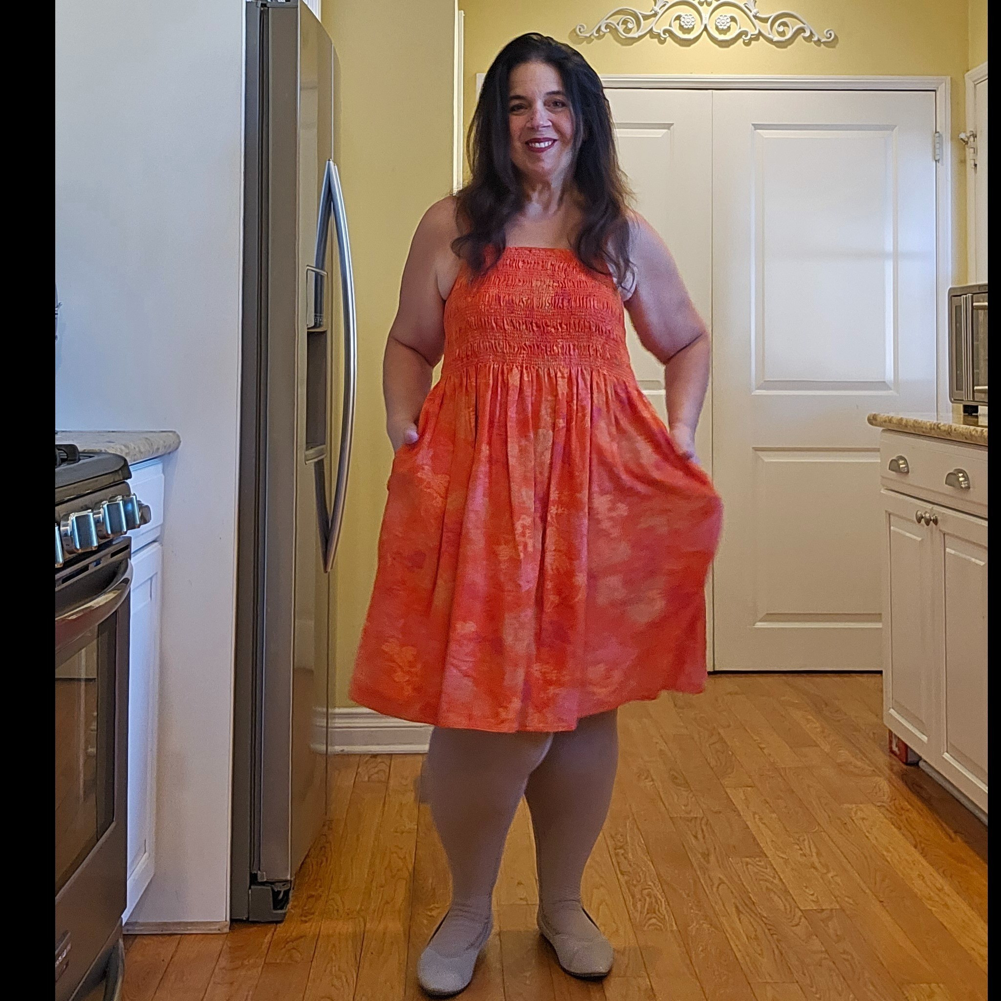 Plus Size Universal Thread Linen Orange Print Smocked Midi Sun Dress for the affordable fashion WIN! Paired with Czalus 20-30 mmhz compression for my and Cynthis Rowley flats. Great dress to stay beautifully styled while remaining supported in compression for Lipedema or Lymphedema throughout summer🌞

#LTKSummerSales #LTKPlusSize #LTKFindsUnder50