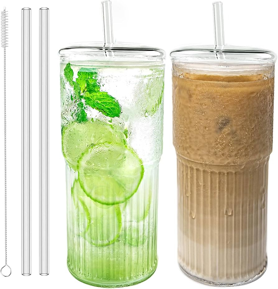 Glass Cups with Lids and Glass Straws, High Borosilicate 20OZ Tumblers (2Pcs) for Coffee, Tea, Ju... | Amazon (US)