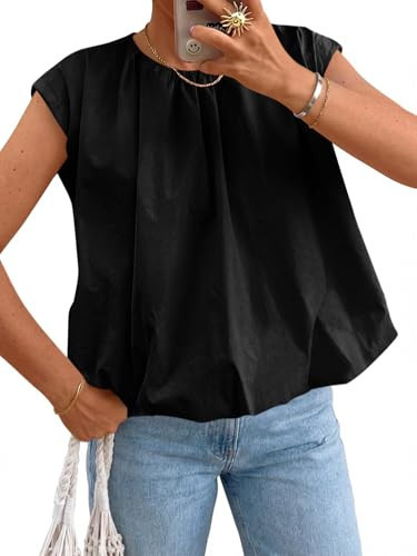 Cicy Bell Womens Summer Cap Sleeve Blouses Casual Pleated Open Back Crew Neck Bubble Tank Tops Bow Tie Cotton Shirts Black | Amazon (US)