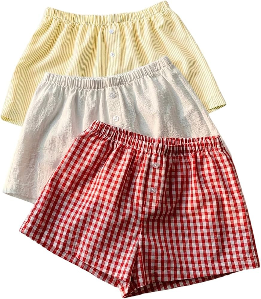 MakeMeChic Women's 3 Pack Linen Shorts Summer Beach Boxer Shorts | Amazon (US)