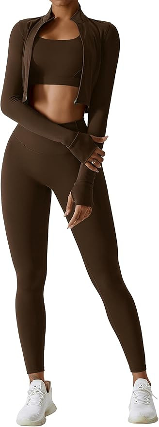 Workout Sets for Women 3 Piece High Waisted Seamless Leggings Crop Top Jacket Gym Yoga Outfit Str... | Amazon (US)