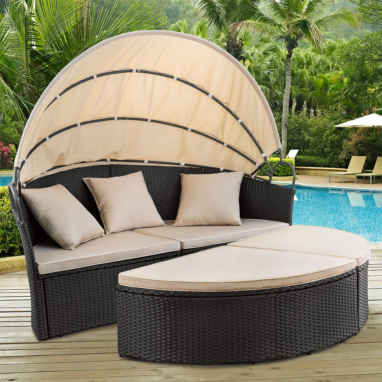 Devoko Patio Furniture Outdoor Round Daybed with Retractable Canopy Wicker Rattan Separated Seati... | Amazon (US)
