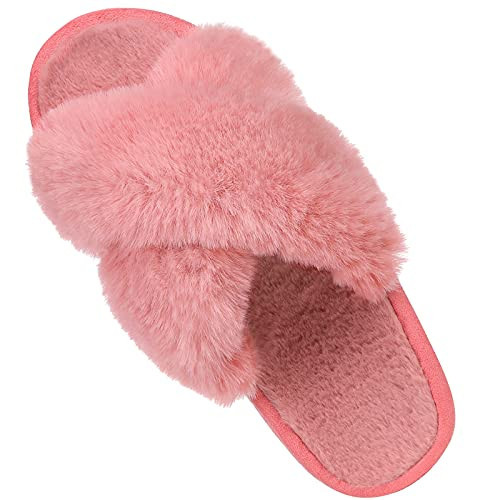 Women's Soft Plush Lightweight House Slippers Fuzzy Cross Band Slip on Open Toe Cozy Indoor Outdoor Slippers Watermelon Red Size 11.5-13, Red | Amazon (CA)