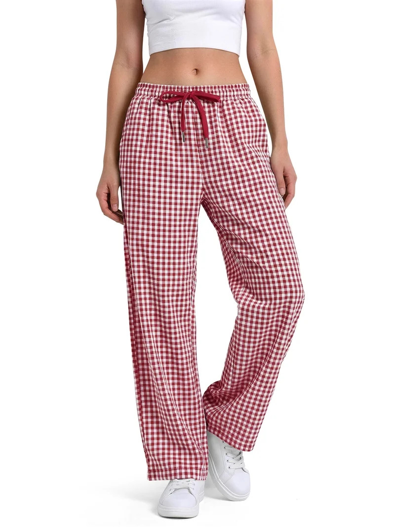 Sundazz Womens Wide Leg Pants Cute Gingham Pants Comfy Drawstring Lounge Pants with Pockets,Red,M | Walmart (US)